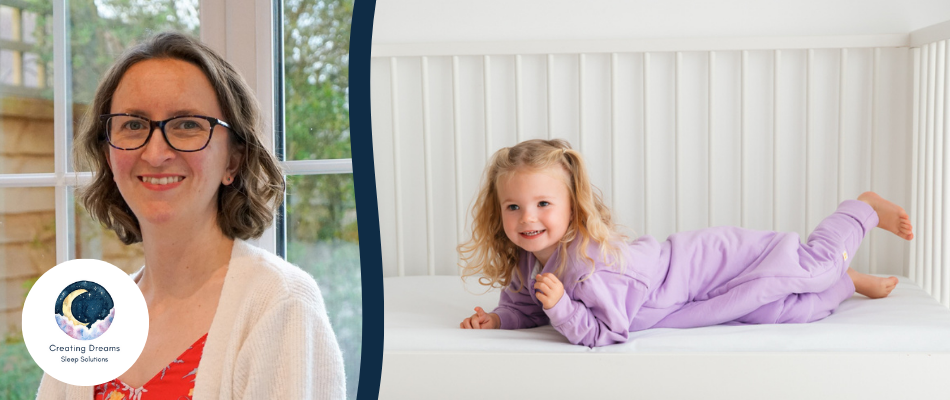 sleep consultant lady and girl in purple sleeping bag with feet