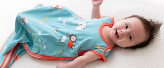 baby in farmyard blue baby sleeping bag