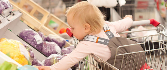 girl in shopping trolley in supermarket