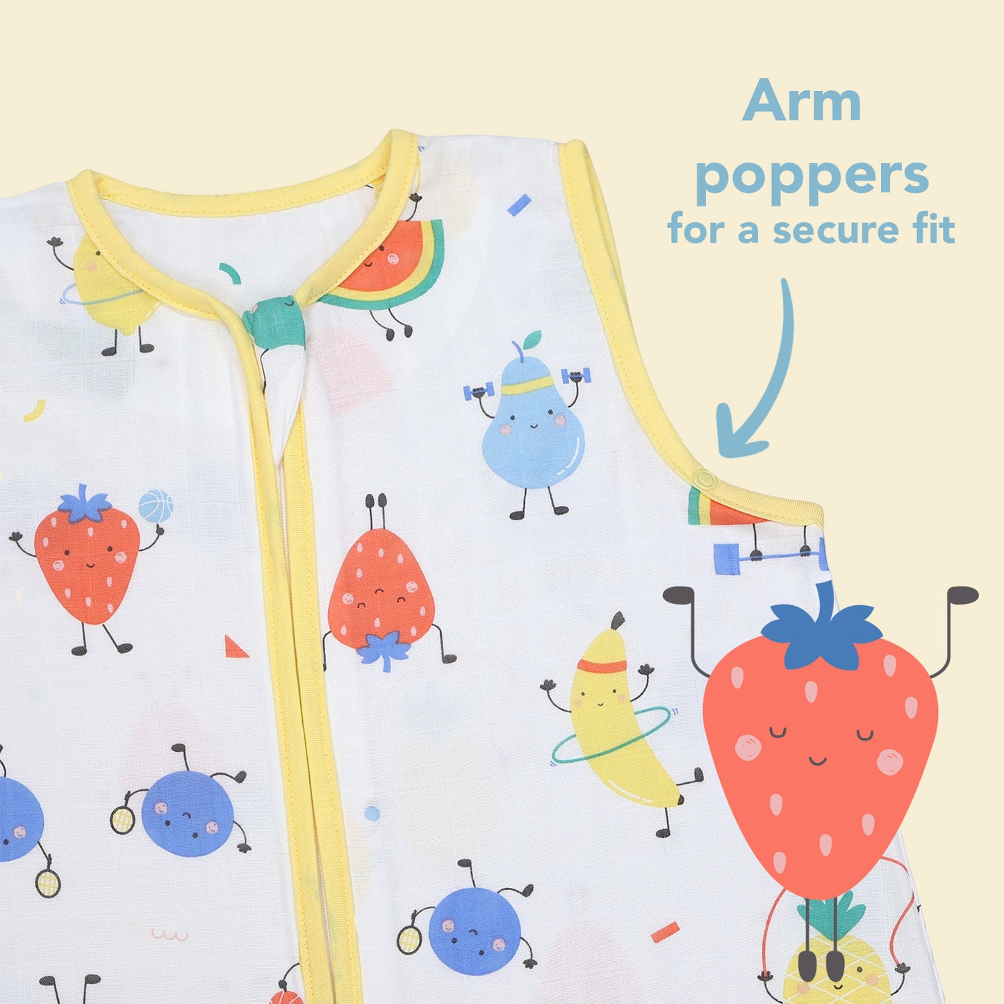 Muslin Baby Sleeping Bag - 0.5 TOG_Sporty Fruit_sleeve area_415