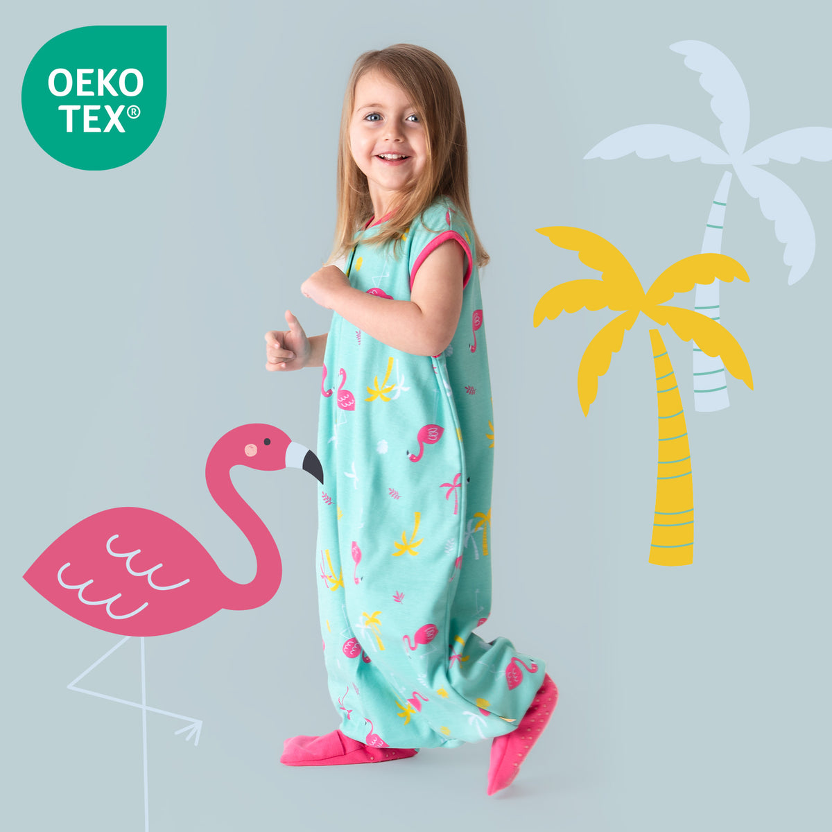 Organic Sleeping Bag with Feet & Foldable Feet Covers - 1.0 TOG_Flamingo_OEKOTEX_419