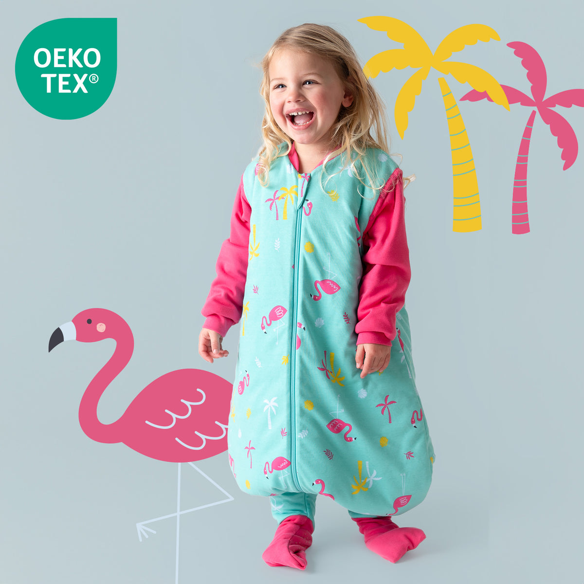 Organic Sleeping Bag with Feet & Foldable Feet Covers - 2.5 TOG_Flamingo_OEKOTEX_462