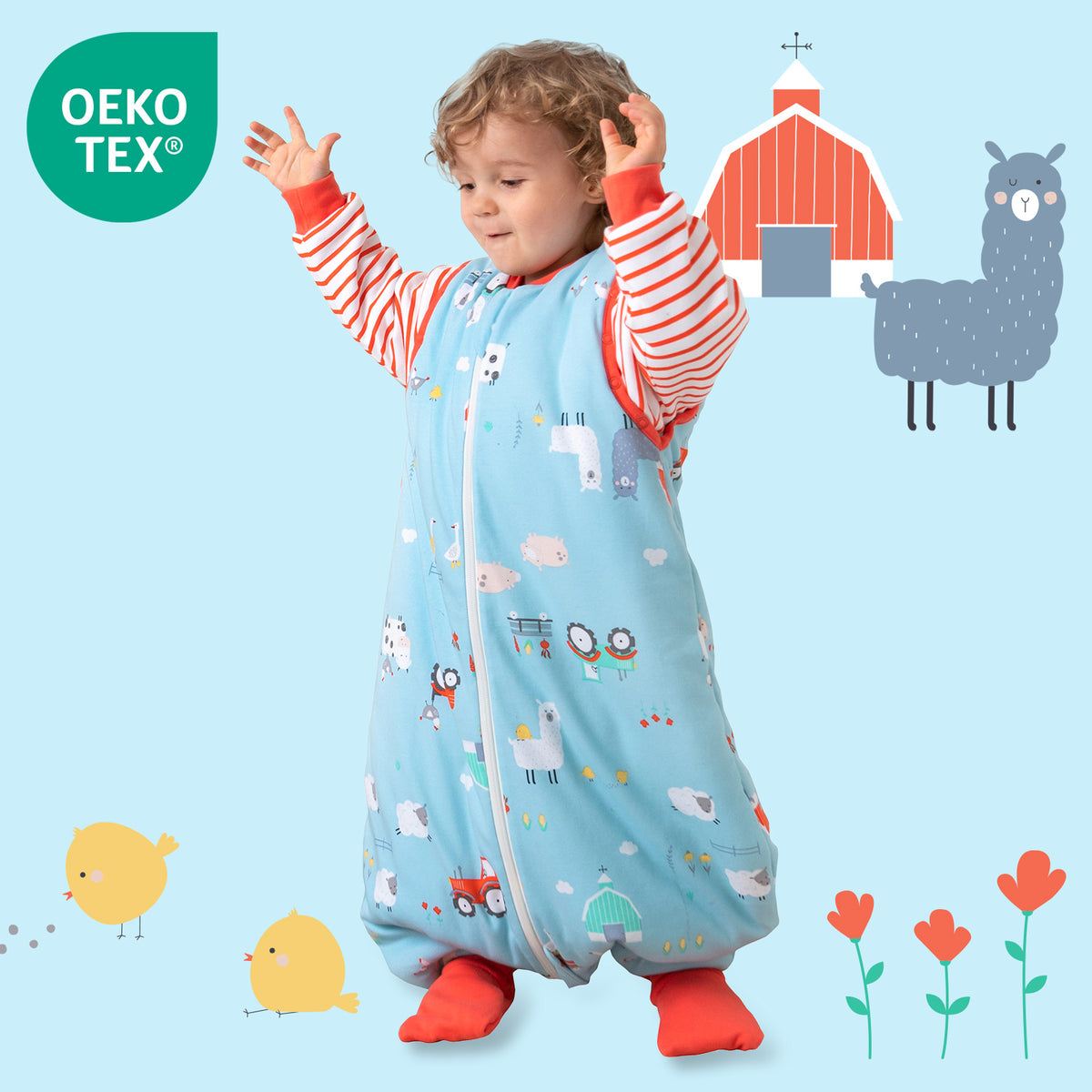 Organic Sleeping Bag with Feet & Foldable Feet Covers - 3.5 TOG_Farmyard_OEKOTEX_469